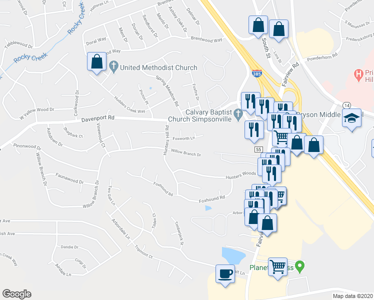 map of restaurants, bars, coffee shops, grocery stores, and more near 1109 Willow Branch Drive in Simpsonville