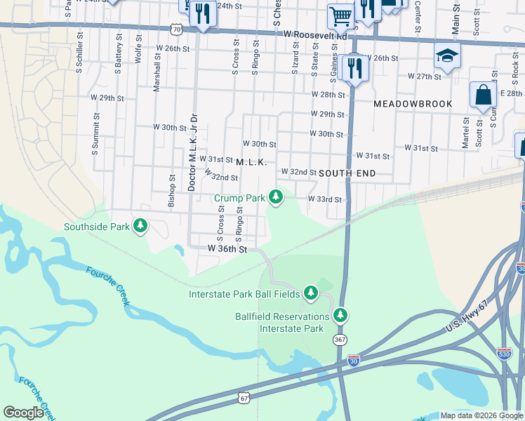 map of restaurants, bars, coffee shops, grocery stores, and more near 3319 South Chester Street in Little Rock