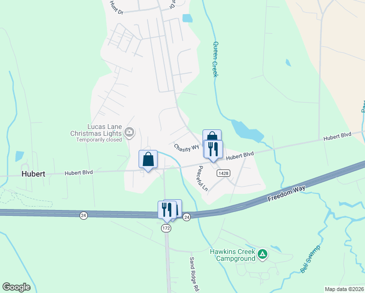 map of restaurants, bars, coffee shops, grocery stores, and more near 205 Brice Court in Hubert