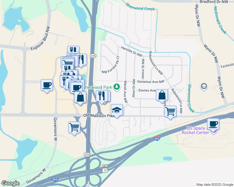 map of restaurants, bars, coffee shops, grocery stores, and more near 325 Town and Country Drive Northwest in Huntsville