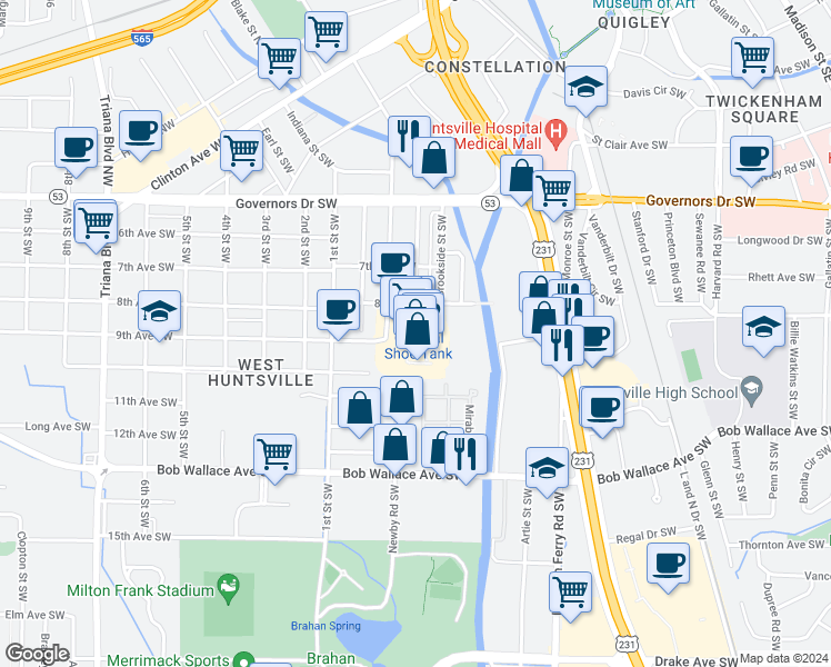 map of restaurants, bars, coffee shops, grocery stores, and more near 2211 Seminole Drive Southwest in Huntsville