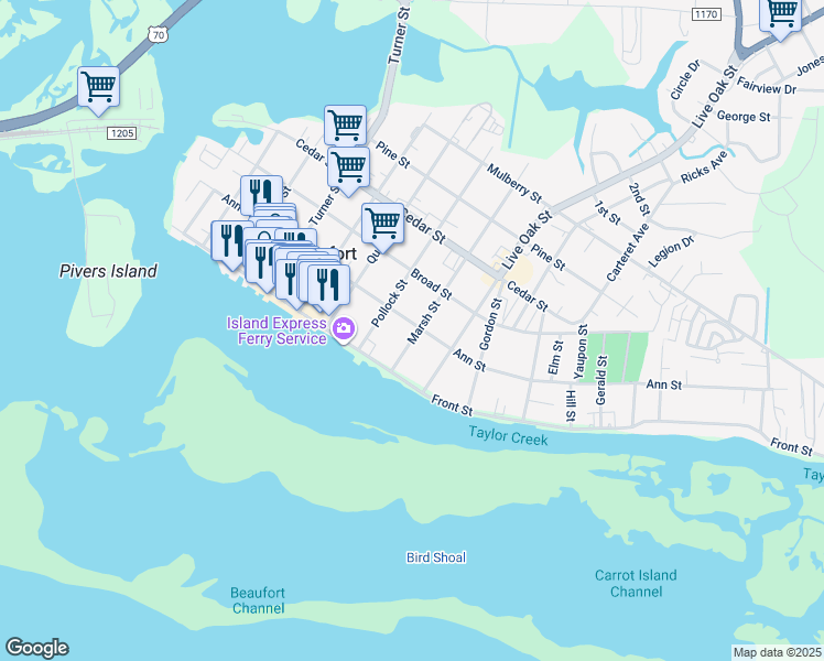map of restaurants, bars, coffee shops, grocery stores, and more near 716 Ann Street in Beaufort
