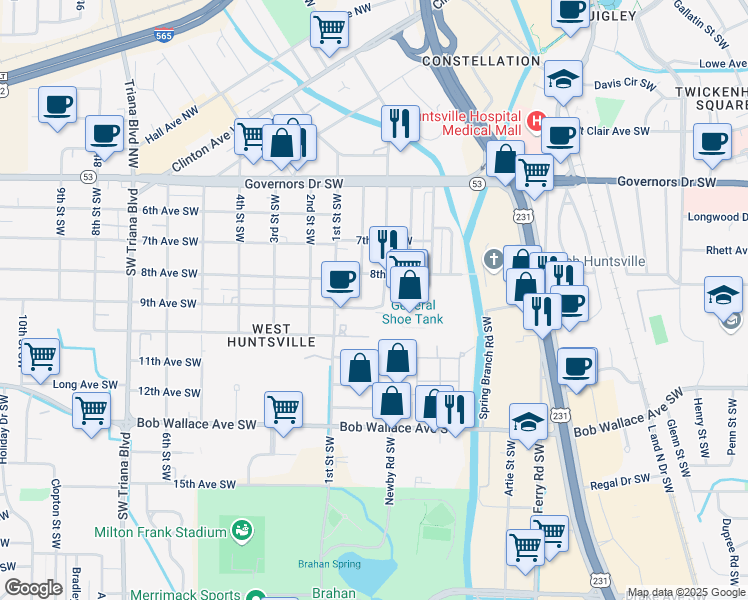 map of restaurants, bars, coffee shops, grocery stores, and more near 2500 9th Avenue Southwest in Huntsville