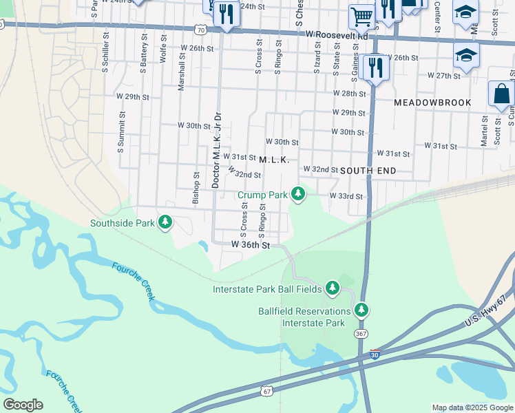 map of restaurants, bars, coffee shops, grocery stores, and more near 1106 West 34th Street in Little Rock