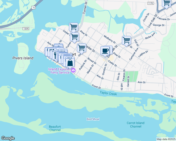 map of restaurants, bars, coffee shops, grocery stores, and more near 716 Ann Street in Beaufort