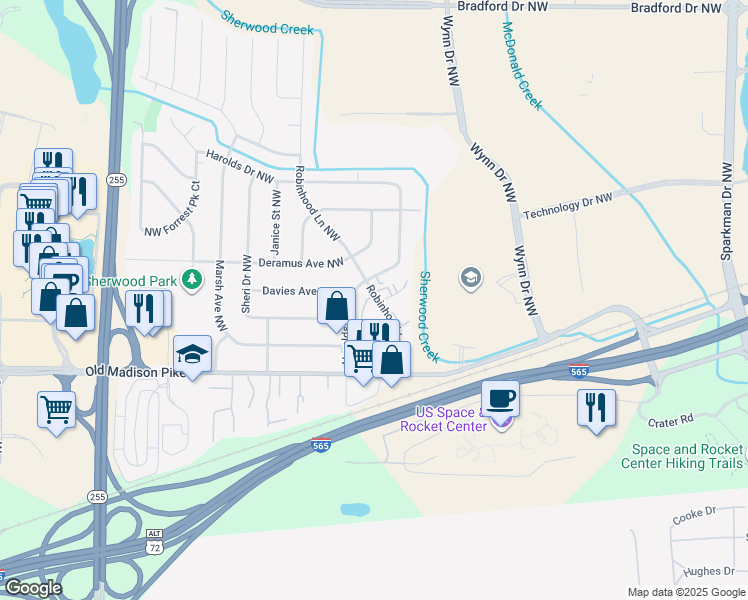map of restaurants, bars, coffee shops, grocery stores, and more near 6327 Robinhood Lane Northwest in Huntsville