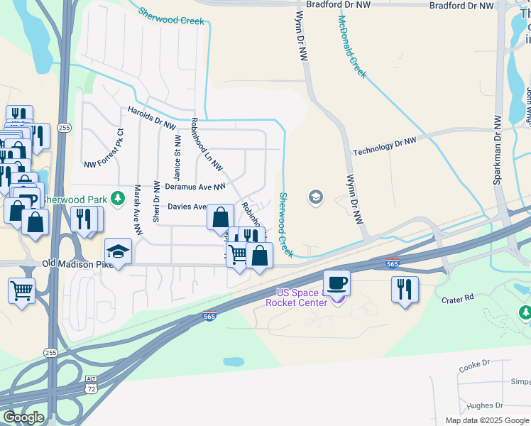 map of restaurants, bars, coffee shops, grocery stores, and more near 6201 Friar Tuck Drive Northwest in Huntsville
