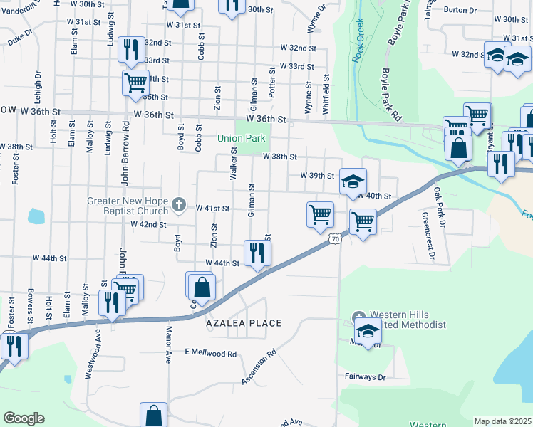 map of restaurants, bars, coffee shops, grocery stores, and more near 8000 West 41st Street in Little Rock