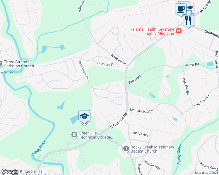 map of restaurants, bars, coffee shops, grocery stores, and more near 6 Platte Lane in Simpsonville