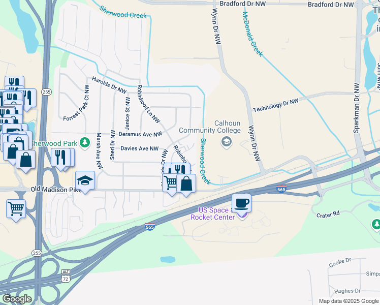 map of restaurants, bars, coffee shops, grocery stores, and more near 6205 Friar Tuck Drive Northwest in Huntsville