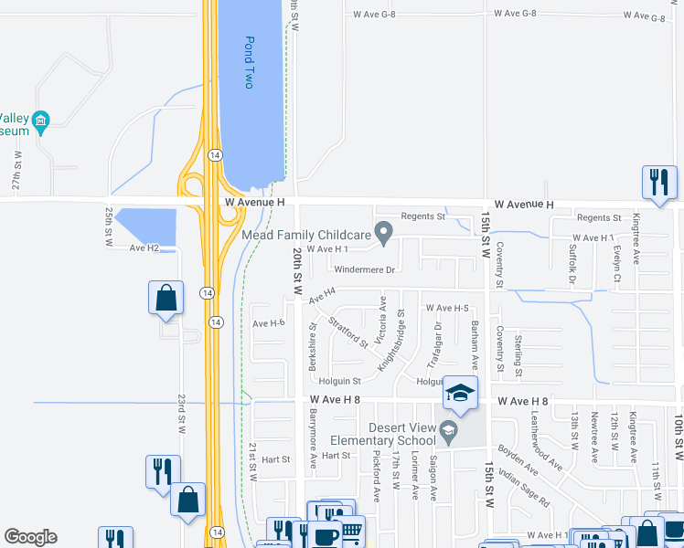 map of restaurants, bars, coffee shops, grocery stores, and more near 1800 Windermere Drive in Lancaster