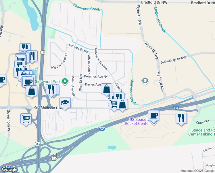 map of restaurants, bars, coffee shops, grocery stores, and more near 6301 Davies Avenue Northwest in Huntsville