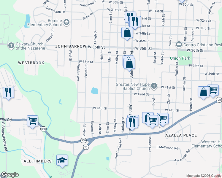 map of restaurants, bars, coffee shops, grocery stores, and more near 4113 Elam Street in Little Rock