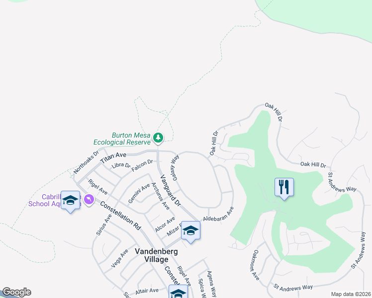 map of restaurants, bars, coffee shops, grocery stores, and more near 18 Galaxy Way in Lompoc