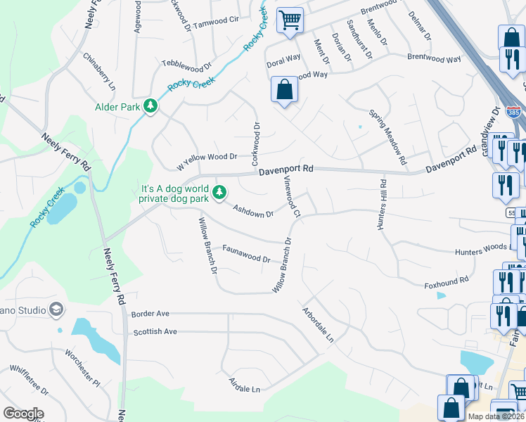 map of restaurants, bars, coffee shops, grocery stores, and more near 131 Ashdown Drive in Simpsonville