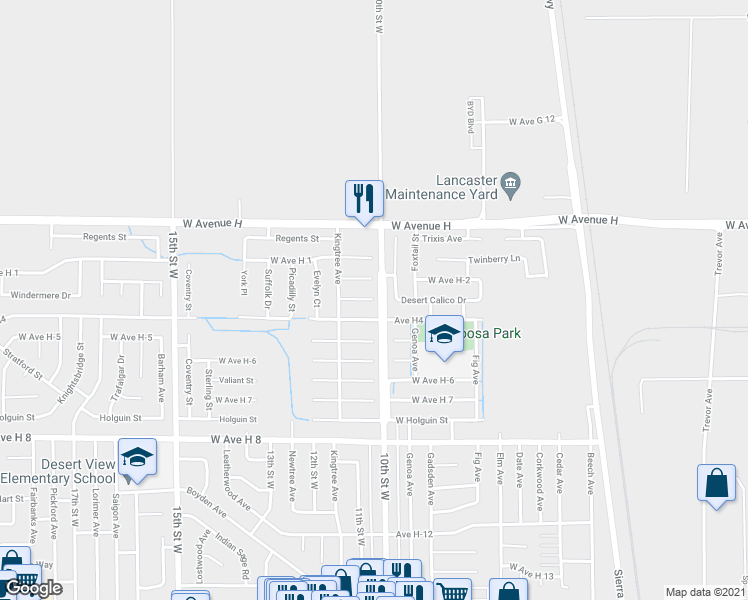map of restaurants, bars, coffee shops, grocery stores, and more near 1000 West Avenue H 3 in Lancaster