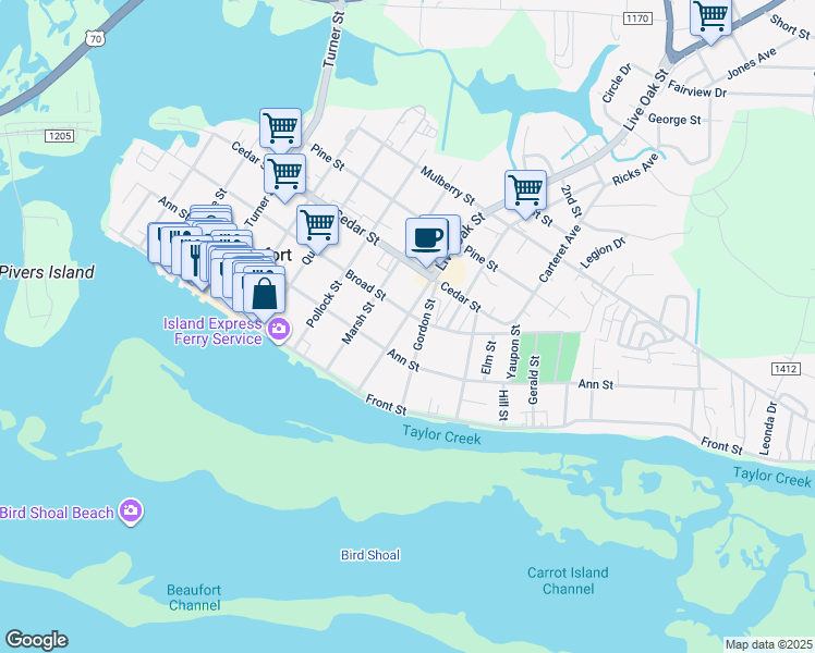 map of restaurants, bars, coffee shops, grocery stores, and more near 221 Gordon Street in Beaufort