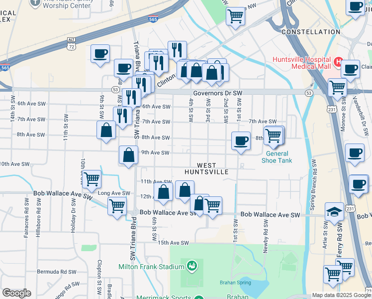 map of restaurants, bars, coffee shops, grocery stores, and more near 2914 9th Avenue Southwest in Huntsville