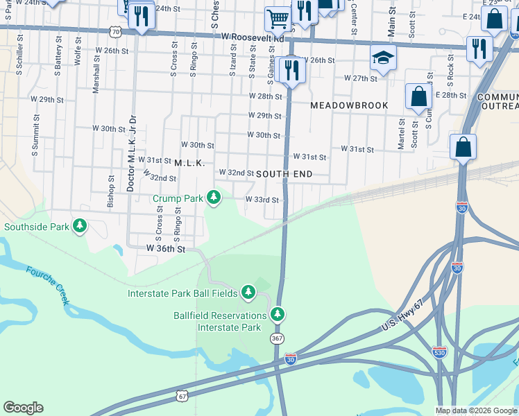 map of restaurants, bars, coffee shops, grocery stores, and more near 3303 South Gaines Street in Little Rock