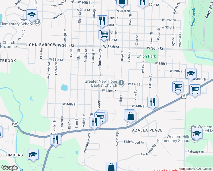 map of restaurants, bars, coffee shops, grocery stores, and more near 4101 Longcoy Street in Little Rock