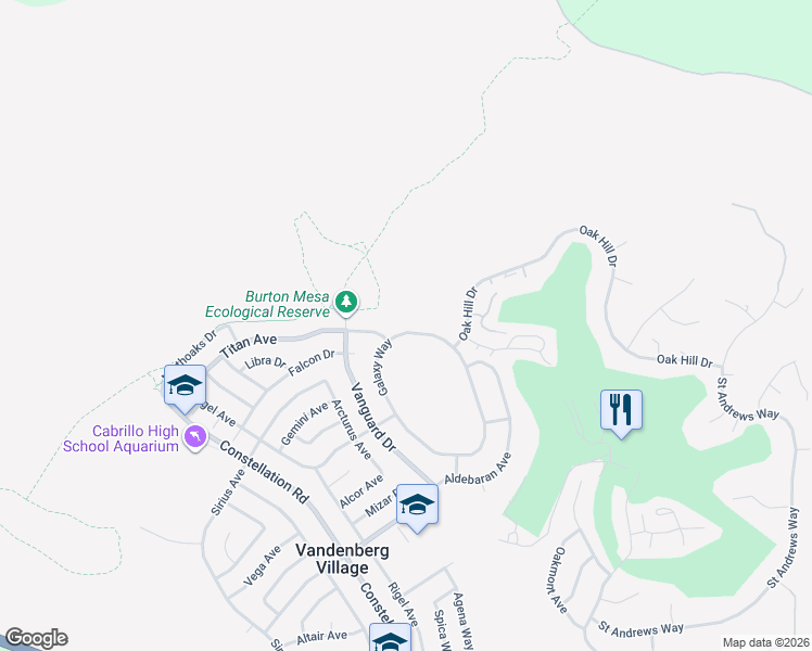 map of restaurants, bars, coffee shops, grocery stores, and more near 18 Galaxy Way in Lompoc