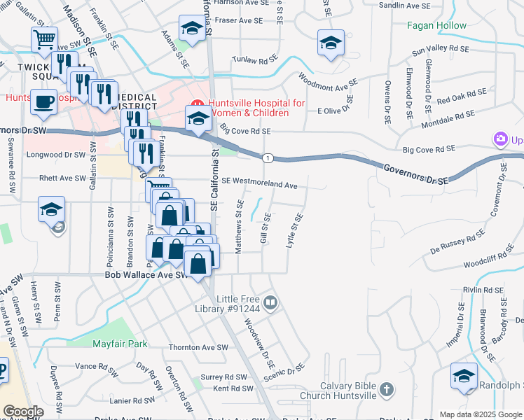 map of restaurants, bars, coffee shops, grocery stores, and more near 2202 Gill Street Southeast in Huntsville