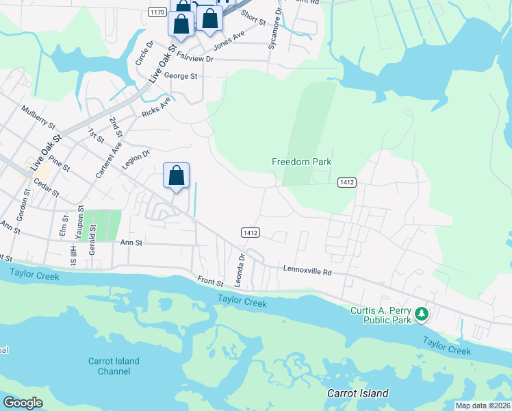 map of restaurants, bars, coffee shops, grocery stores, and more near 231 Leonda Drive in Beaufort