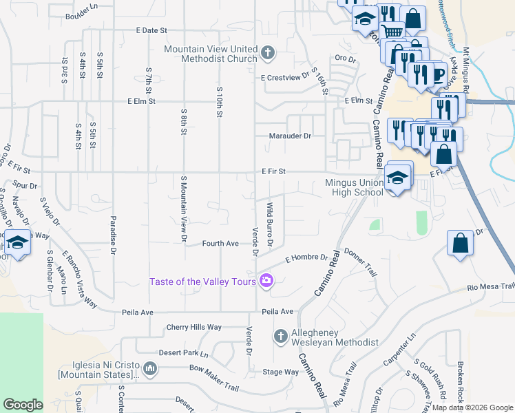 map of restaurants, bars, coffee shops, grocery stores, and more near 1289 Verde Drive in Cottonwood
