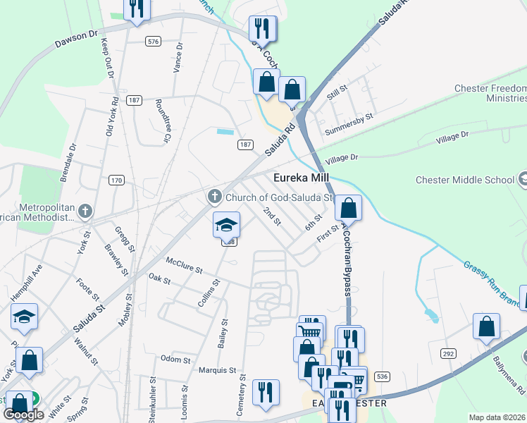 map of restaurants, bars, coffee shops, grocery stores, and more near 529 State Road 210 in Chester
