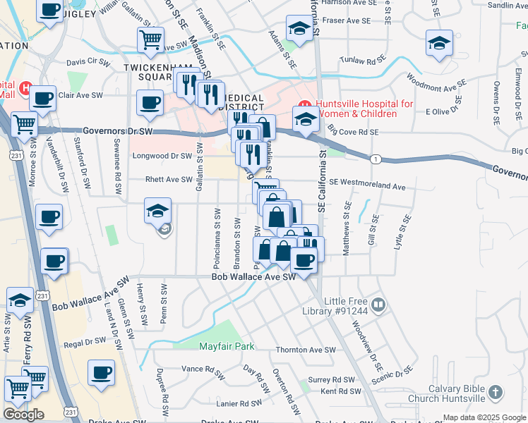 map of restaurants, bars, coffee shops, grocery stores, and more near 2302 Whitesburg Drive in Huntsville