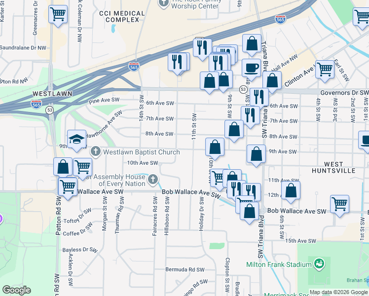 map of restaurants, bars, coffee shops, grocery stores, and more near 3504 9th Avenue Southwest in Huntsville