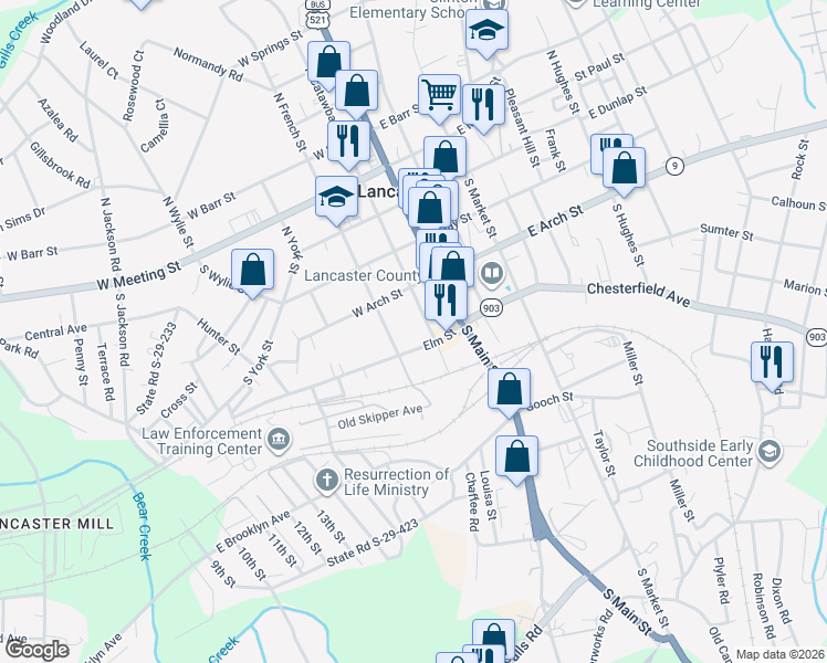 map of restaurants, bars, coffee shops, grocery stores, and more near 322 S Catawba St in Lancaster