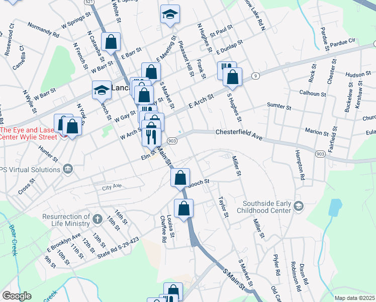 map of restaurants, bars, coffee shops, grocery stores, and more near 410 South Market Street in Lancaster