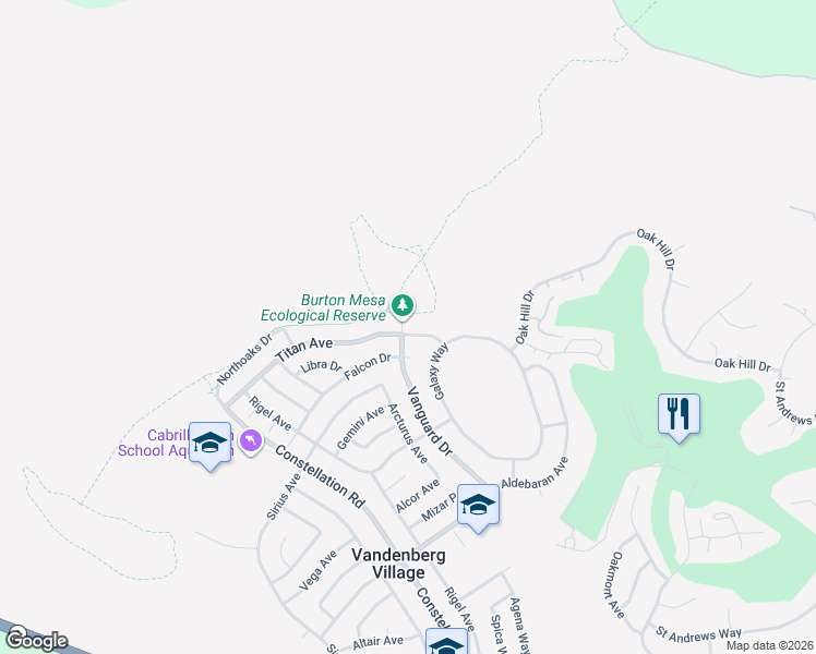 map of restaurants, bars, coffee shops, grocery stores, and more near 4542 Titan Avenue in Lompoc