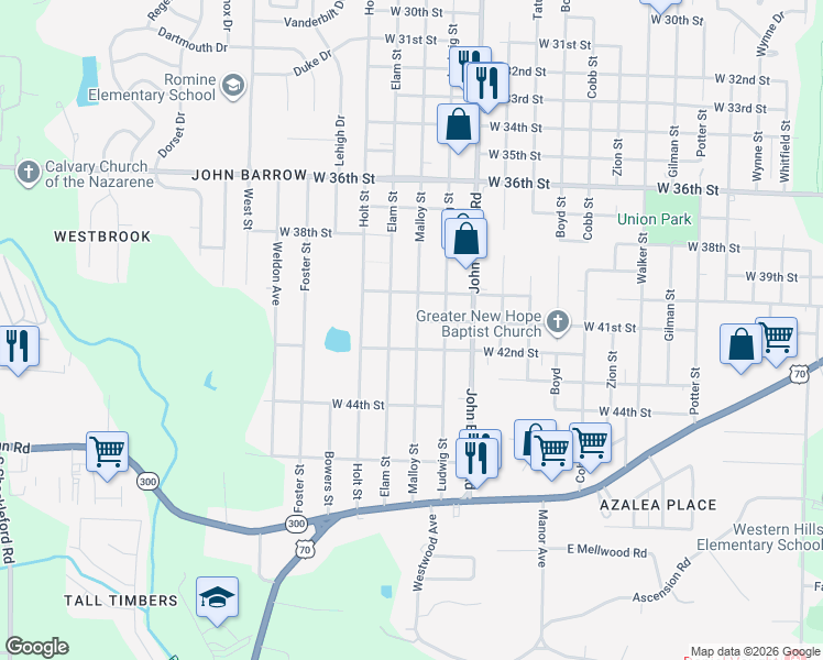 map of restaurants, bars, coffee shops, grocery stores, and more near 4113 Elam Street in Little Rock