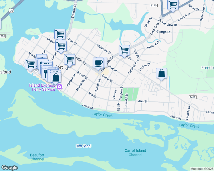 map of restaurants, bars, coffee shops, grocery stores, and more near 302 Hedrick Street in Beaufort