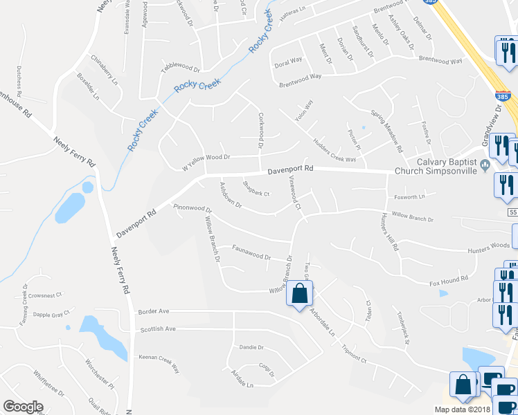map of restaurants, bars, coffee shops, grocery stores, and more near 131 Ashdown Drive in Simpsonville