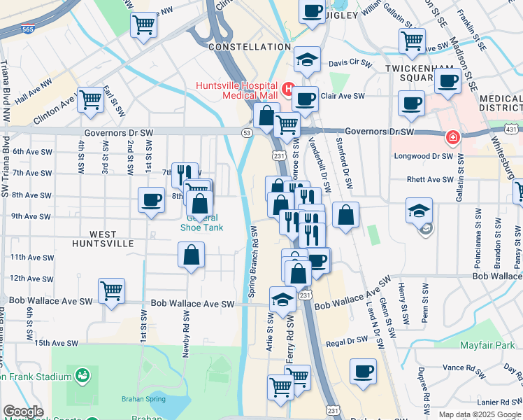 map of restaurants, bars, coffee shops, grocery stores, and more near 2306 Mims Court Northeast in Huntsville