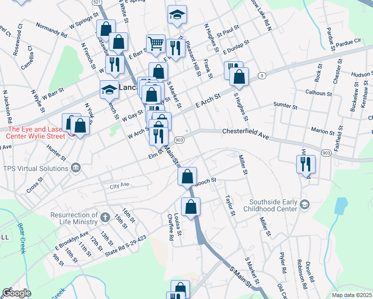 map of restaurants, bars, coffee shops, grocery stores, and more near 410 South Market Street in Lancaster