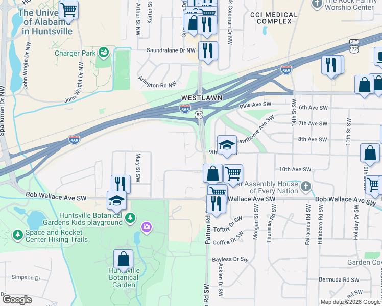 map of restaurants, bars, coffee shops, grocery stores, and more near 4303 9th Avenue Southwest in Huntsville