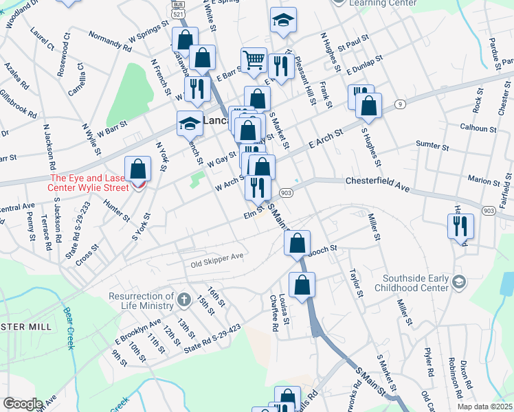 map of restaurants, bars, coffee shops, grocery stores, and more near 126 Elm St in Lancaster