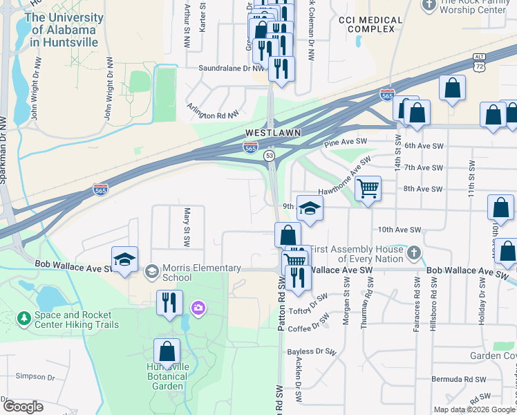map of restaurants, bars, coffee shops, grocery stores, and more near 4303 9th Avenue Southwest in Huntsville