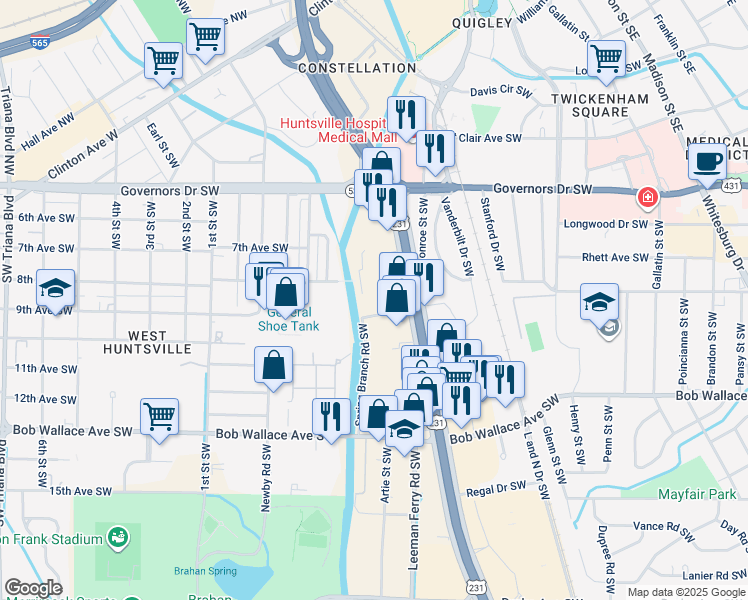 map of restaurants, bars, coffee shops, grocery stores, and more near 2306 Mims Court Northeast in Huntsville