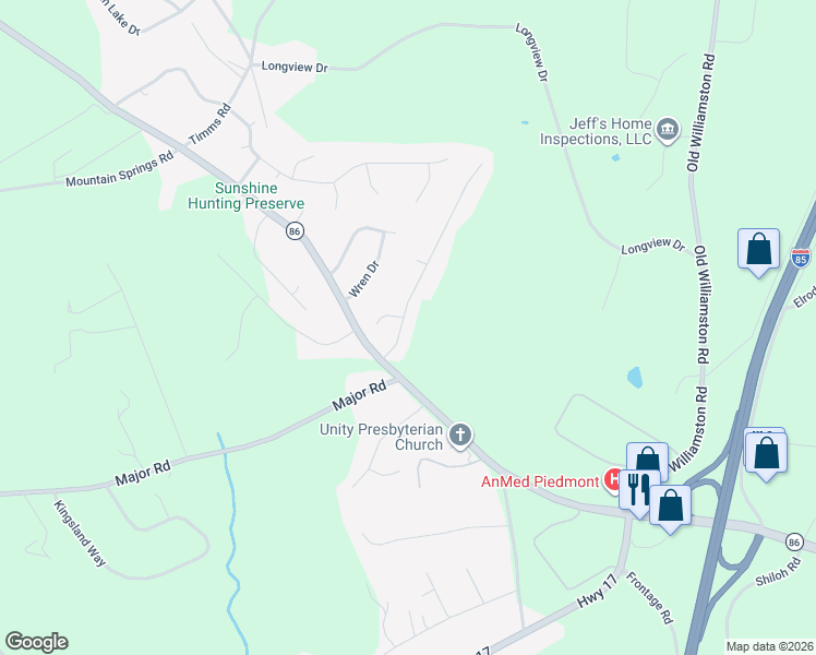 map of restaurants, bars, coffee shops, grocery stores, and more near 104 Pleasant Woods Road in Piedmont