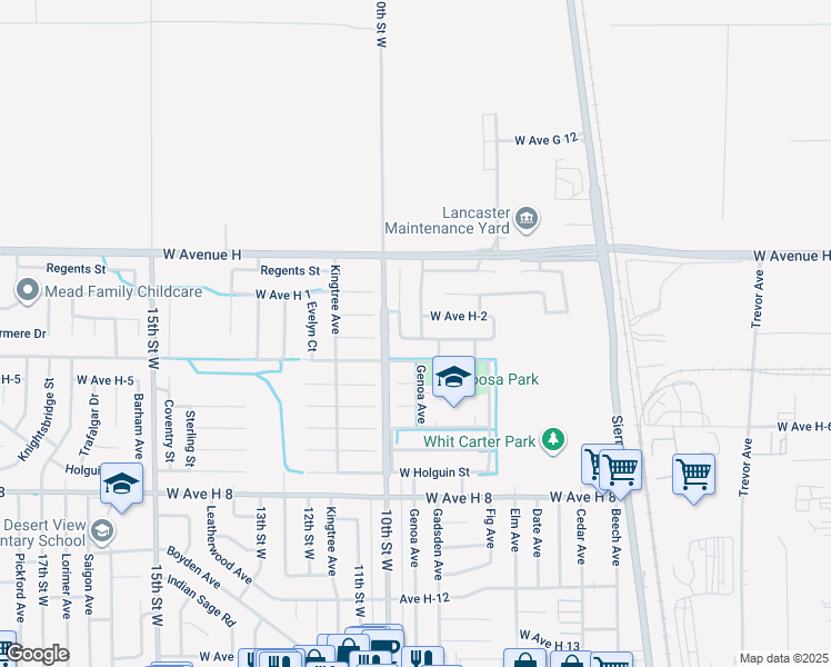 map of restaurants, bars, coffee shops, grocery stores, and more near 45827 Foxtail Street in Lancaster