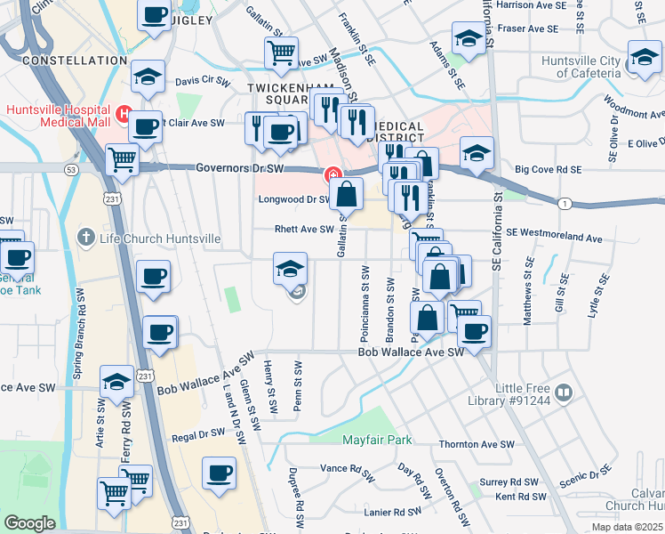 map of restaurants, bars, coffee shops, grocery stores, and more near 403 Marsheutz Avenue Southwest in Huntsville