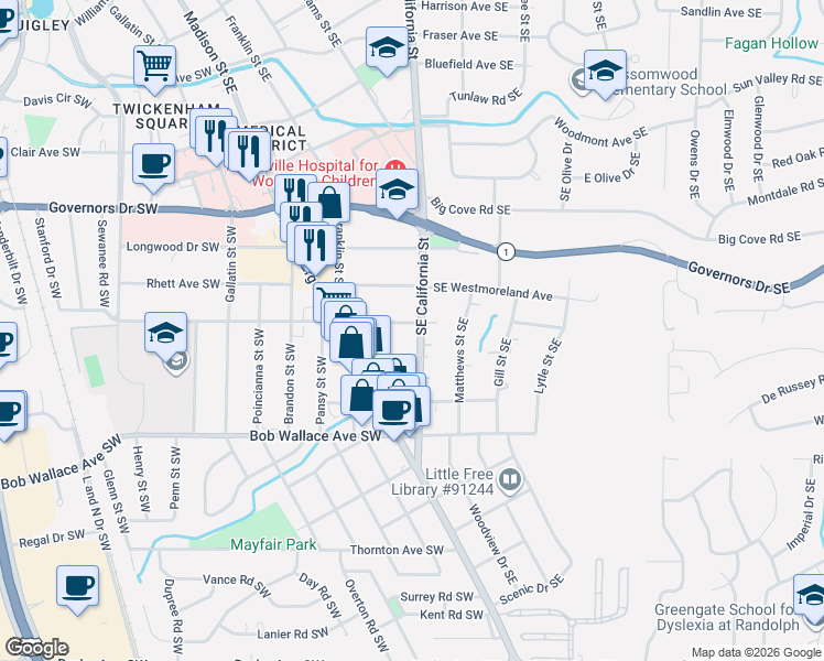 map of restaurants, bars, coffee shops, grocery stores, and more near 220 Marsheutz Avenue Southeast in Huntsville