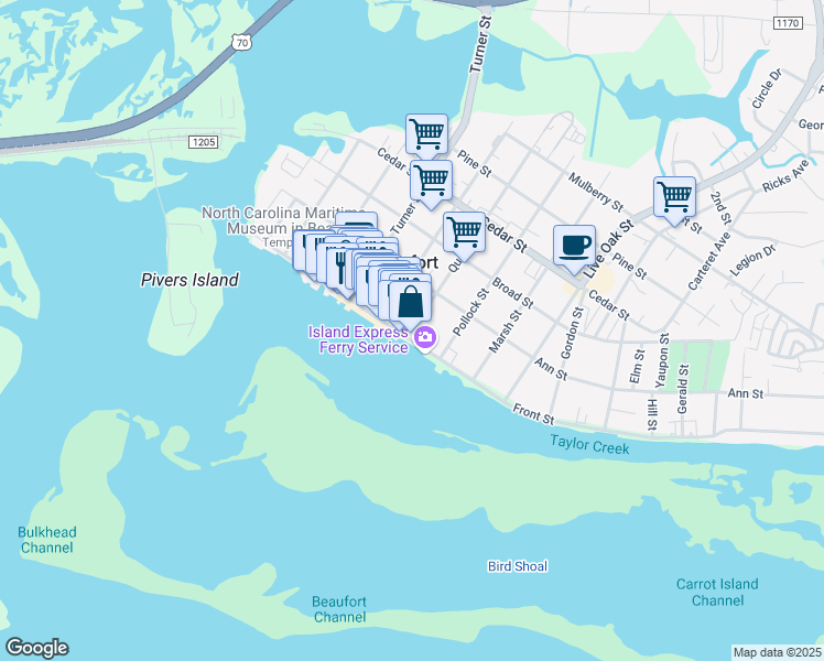 map of restaurants, bars, coffee shops, grocery stores, and more near 116 Queen St in Beaufort