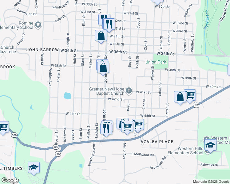map of restaurants, bars, coffee shops, grocery stores, and more near 4101 Longcoy Street in Little Rock