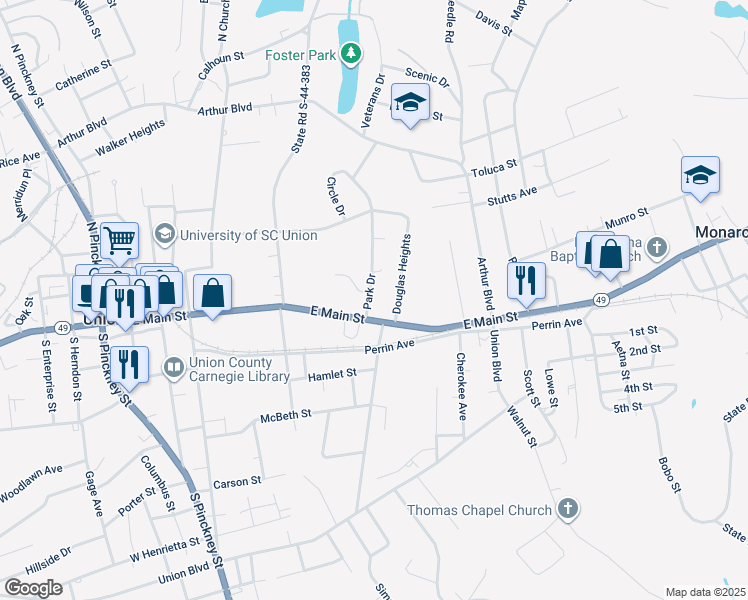 map of restaurants, bars, coffee shops, grocery stores, and more near 102 Park Drive in Union